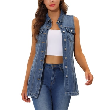 INSPIRE CHIC Gilet en Denim pour Femme Sans Manches à Boutons Mi-Long Gilet en Jean Décontracté S Bleu