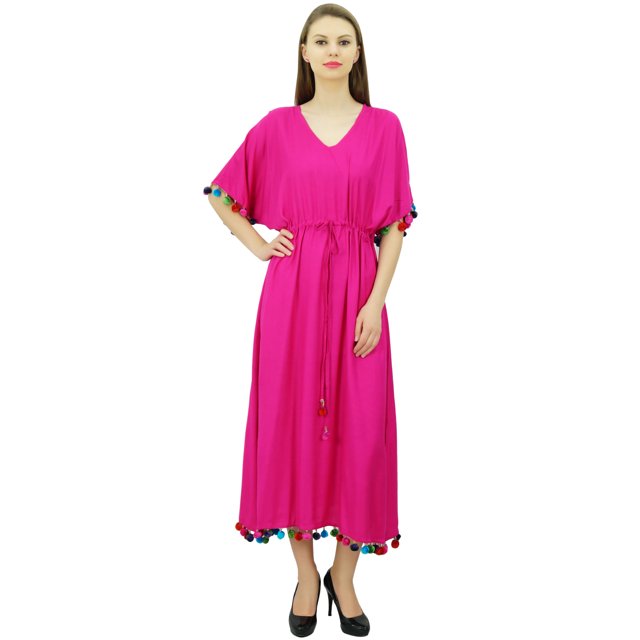 Bimba Robe Kaftan Longue en Rayonne pour Femme avec Pompon, Designer Chic, Maxi Caftan