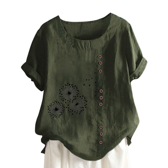 Chemise à Manches Longues pour Femmes Été Décontracté Col Rond Manches Courtes Imprimé Chemise Ample Hauts d'Été pour Femmes Coupe Ample Hauts à Manches Courtes pour Femmes