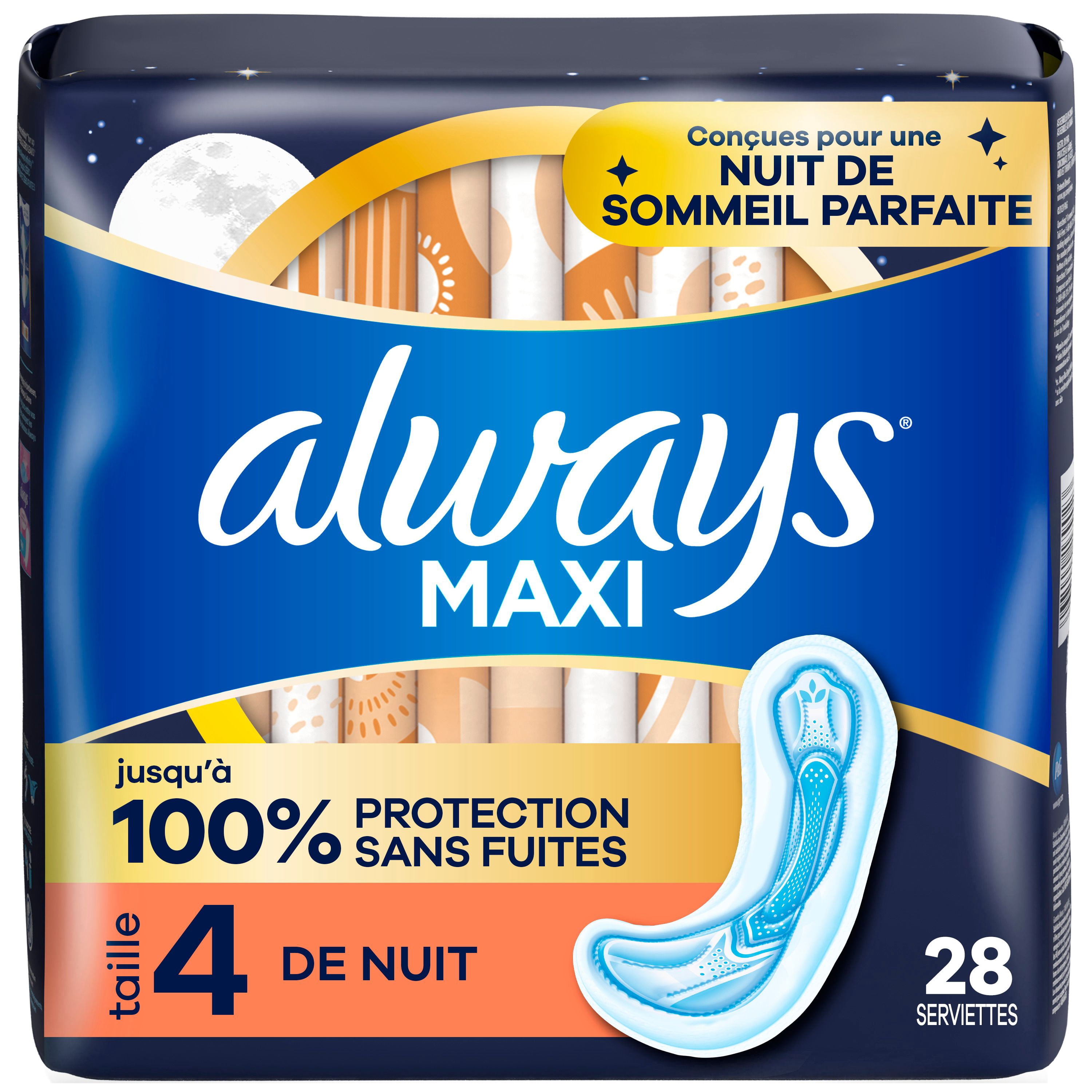 Always Serviettes Maxi de Nuit Sans Ailes pour Femmes, Taille 4, Absorption de Nuit, Non Parfumées