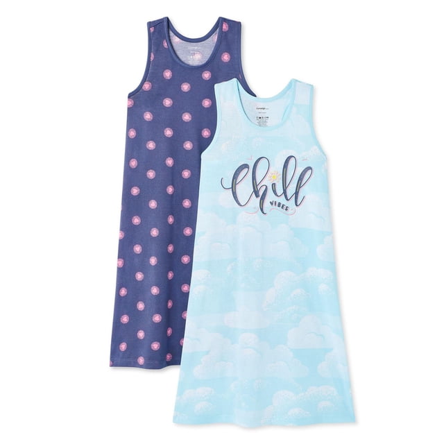 George Girls' Tank Nightshirt 2-Pack includes two sleeveless nightshirts in soft, breathable jersey knit; one light blue with cloud patterns and 'Chill Vibes' text, the other navy blue with pink circular prints, both with round necklines, racerback design, and curved hems suitable for girls' pajamas.