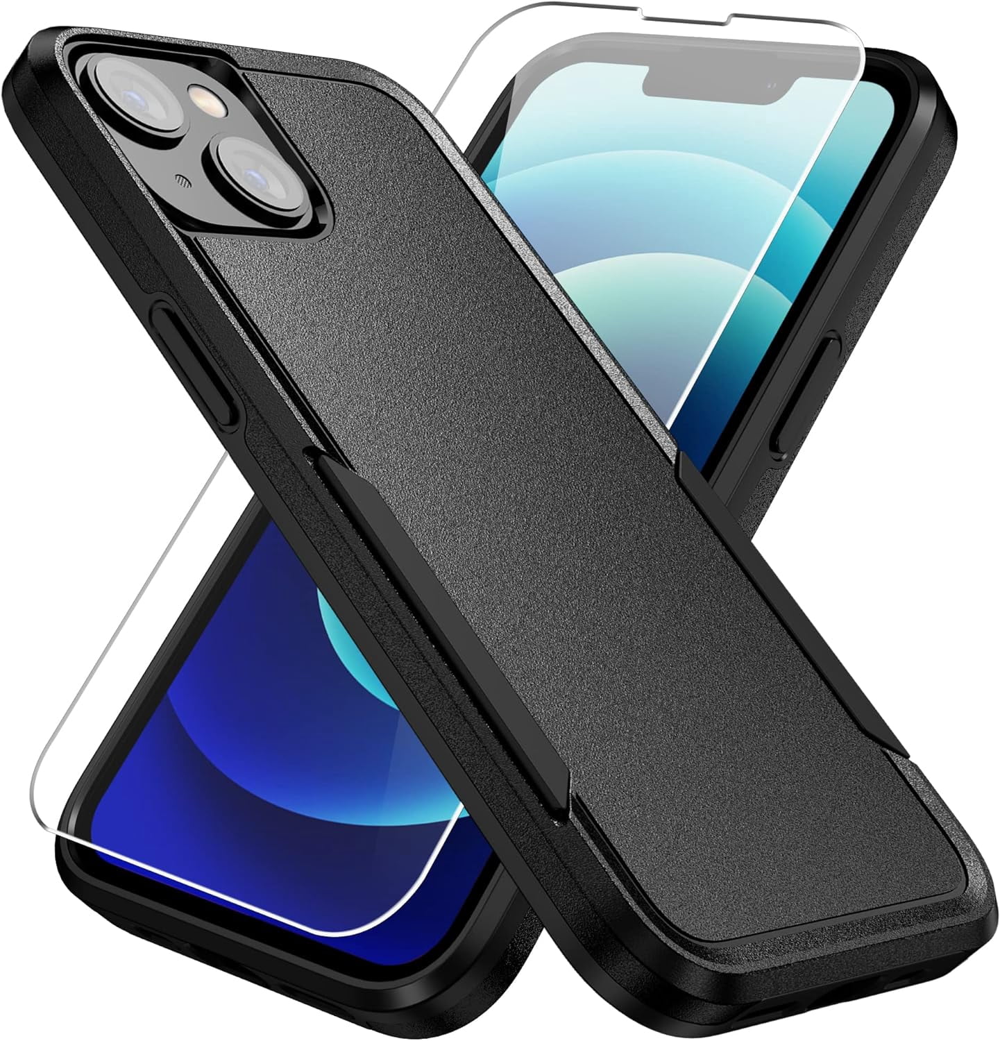Heavy Duty Phone Case Designed for Apple iPhone 15 Case with 1Pc Tempered Glass Screen Protector, Shockproof Dropproof Anti-Scratch Phone Case Cover for Apple iPhone 15,Black