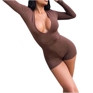 Besolor Women Long Sleeve Tight Romper Shorts Deep V Neck One-Piece Clubwear Backless Jumpsuit Playsuit Bodysuit Coffee