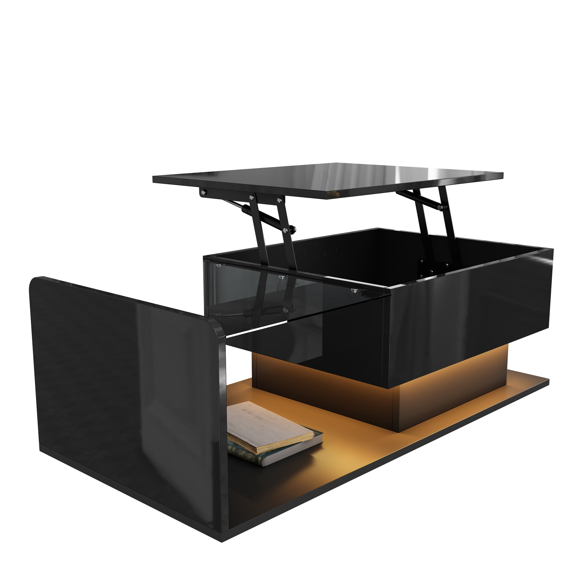 Noble House Table Basse Élévatrice Brillante, LED Contrôlé par Application et Hauteur Réglable avec Dessus en Verre et Rangement, Noir