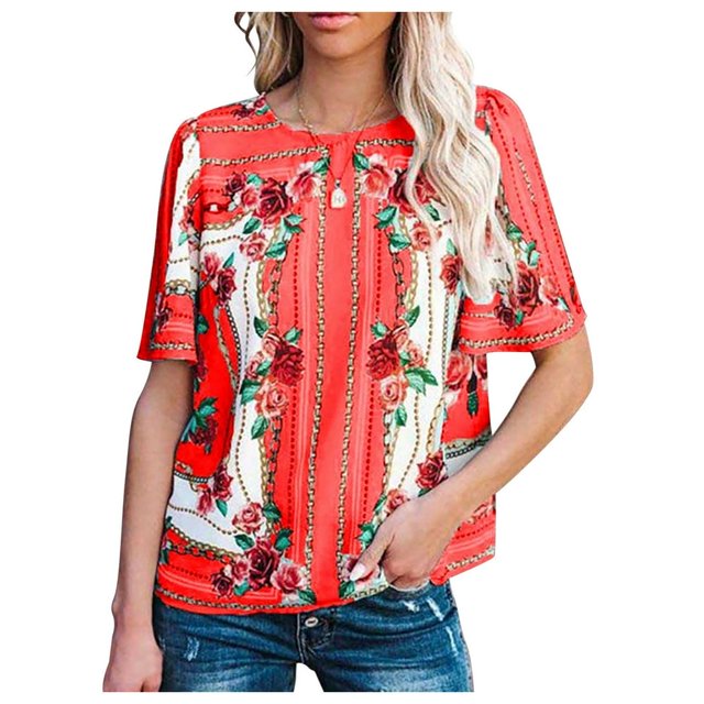 Women‘s Flower Print O-Neck Short Sleeve Blouse T-shirt