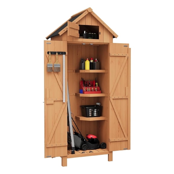 Bingirl Small Outdoor Waterproof Garden Tool Shed with 3 Shelves, Lockable Doors, and Roof Storage - Compact Wood Storage Cabinet for Patios, Backyards, and Balconies (Natural)