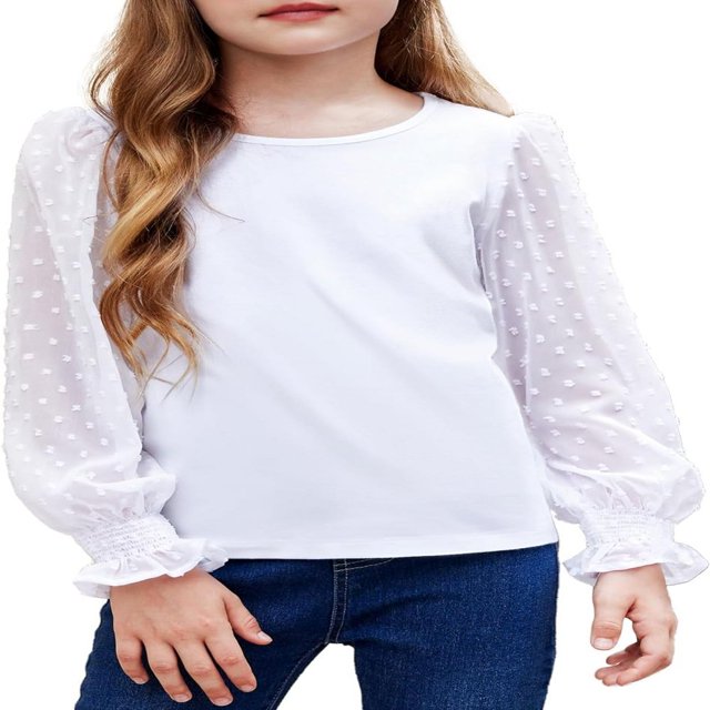 Pull-Over Blanc à Manches Longues pour Filles avec Manches à Volants Pois Suisses Haut Blouse Col Rond 5-12 Ans