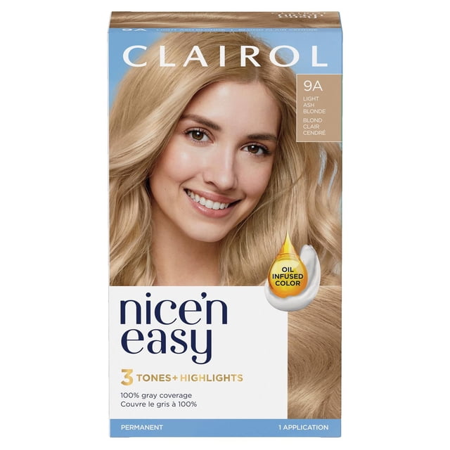 Clairol Nice'n Easy Permanent Hair Dye in 9A Light Ash Blonde with 3 tones and highlights for natural-looking, permanent color and 100% gray coverage. The box shows wavy light ash blonde hair and oil-infused color cream for one application.