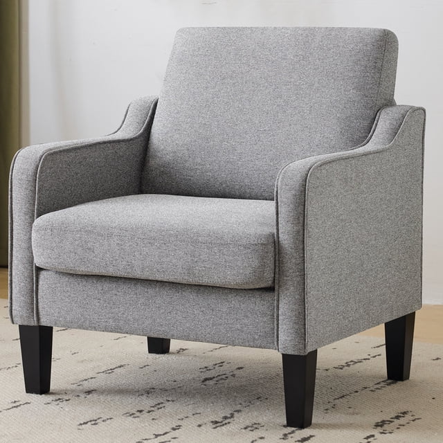 Ktaxon Accent Chair with Thick Cushion, a mid-century modern single sofa armchair in light gray linen fabric. Features a 5.5-inch thick seat cushion, 110-degree ergonomic recline, solid wood legs, and fixed wooden armrests. Perfect for living room seating, bedrooms, or home offices.