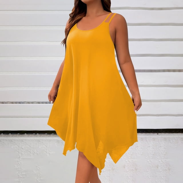 Ounisa Robe Camisole Midi Fluide Sans Manches à Encolure Dégagée et Ourlet Asymétrique pour Femme Grande Taille
