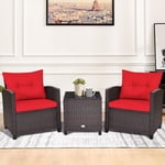 Gymax 3PCS Ensemble de conversation avec patio rotin extérieur avec coussin rouge de table de café
