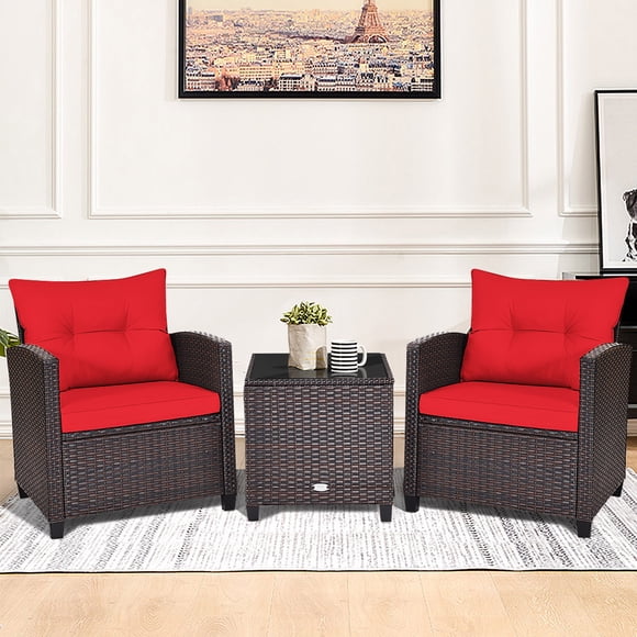 Gymax 3PCS Outdoor Patio Rattan Conversation Set w/ Coffee Table Red Cushion