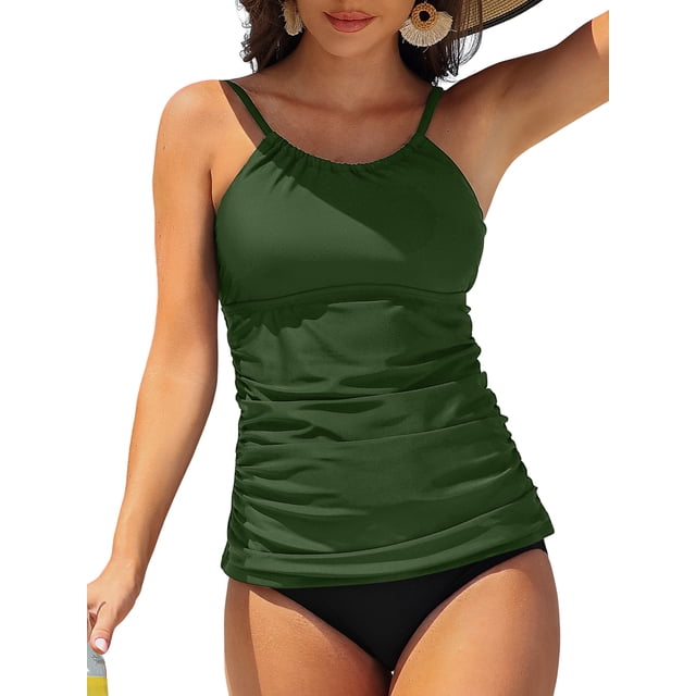 Charmo Women's High Neck Tankini Tops Only Tummy Control Swimsuit Top Ruched Swim Top Without Bottoms. This tankini top features a high neckline, adjustable shoulder straps, and a ruched design for a flattering fit. Made from 82% polyester and 18% spandex, it includes a non-removable push-up padded bra for support and geometric printed details. The open back design adds a flirty touch, while the UPF 50+ material provides sun protection. Shown in a solid green color, this swim top pairs well with various swim bottoms.