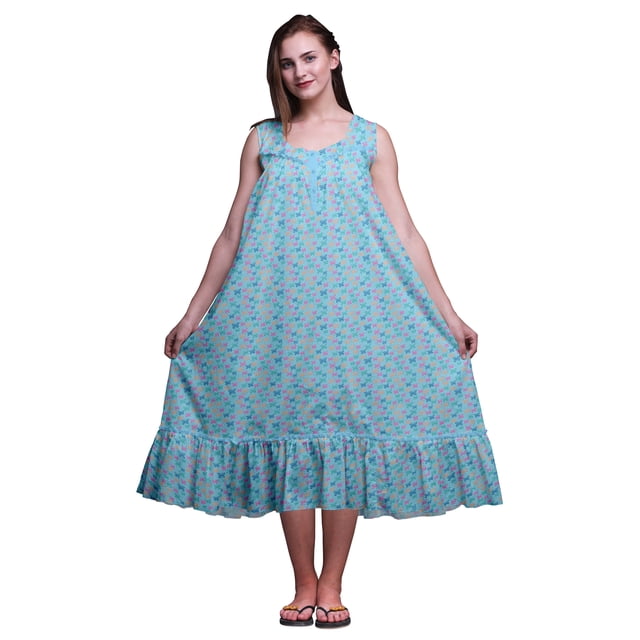 Bimba Chemises de Nuit en Coton Bleu Clair3 à Pois Papillon et Imprimées pour Femmes, Robe Sans Manches, Tenue de Nuit, Robe Maxi, Petit
