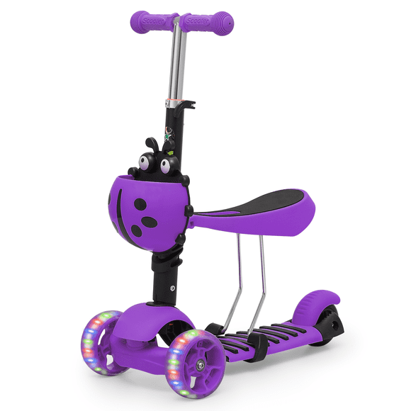 Magshion Trottinette 2 en 1 avec 3 Hauteurs Réglables et Siège Amovible, Trottinette pour Enfants avec Roues à DEL Clignotantes, Frein, Plateau Antidérapant, pour 3-6 Ans O