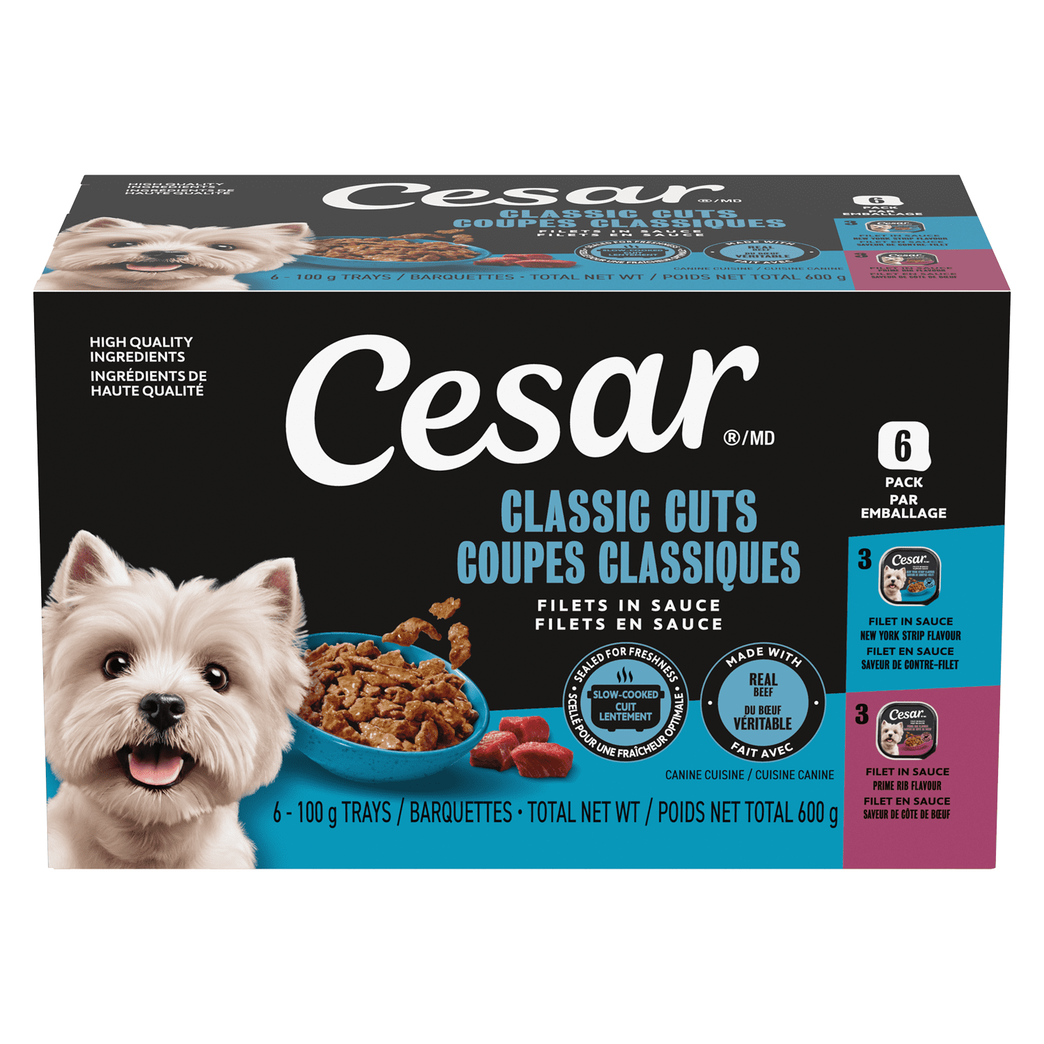 Nourriture humide pour chiens CESAR filets en sauce Paquet Varié 6x100g (saveur de contre-filet / saveur de côte de bœuf)