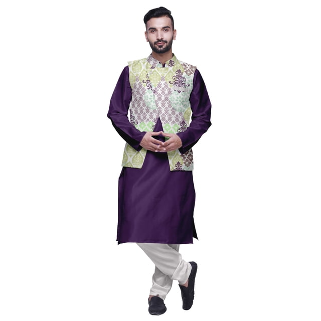 Atasi Kurta Churidar Uni pour Homme à Col Mandarin, Pyjama et Ensemble de Veste Nehru Imprimée