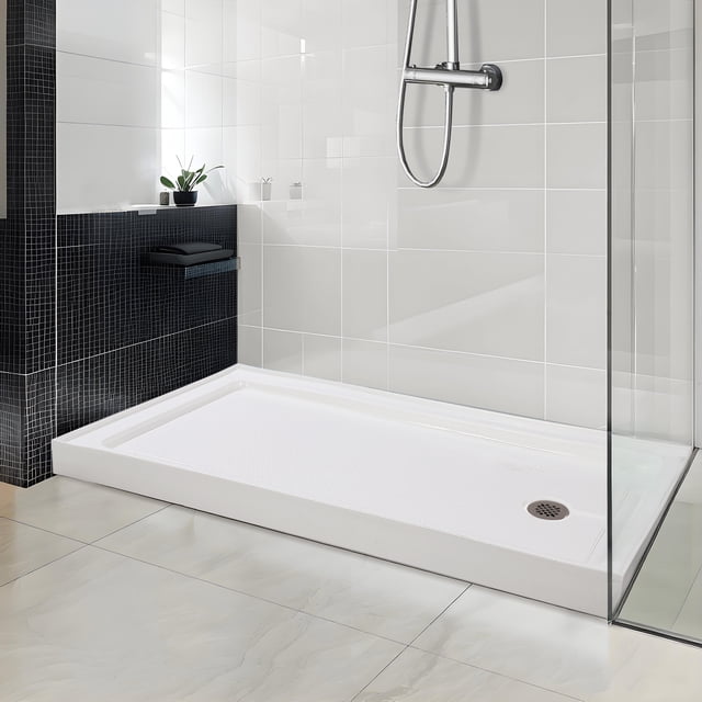 Kojooin Shower Base with Left Stainless Steel Drain, Rectangular Acrylic Shower Pan with Slip Resistant Textured Surface