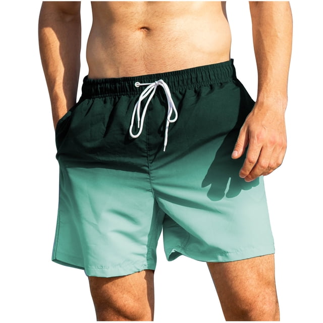 Mens Summer Swim Trunks Quick Dry Surf Boardshorts Bathing Suit with Mesh Lining Beach Shorts in a gradient green design. Features include a drawstring waist, mesh lining for comfort, and two side pockets. Made from lightweight, breathable polyester fabric, perfect for men's swimwear, surfing, and summer beach activities.