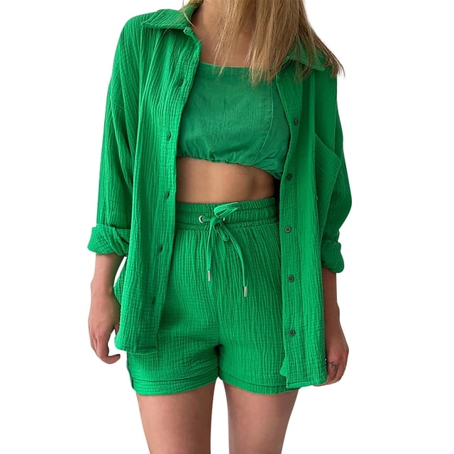 Fgnfyis Ensemble Décontracté Mode pour Femmes, Chemise à Manches Longues et Col Montant, Shorts Taille Haute avec Cordon, Ensemble 2 Pcs, Vert P