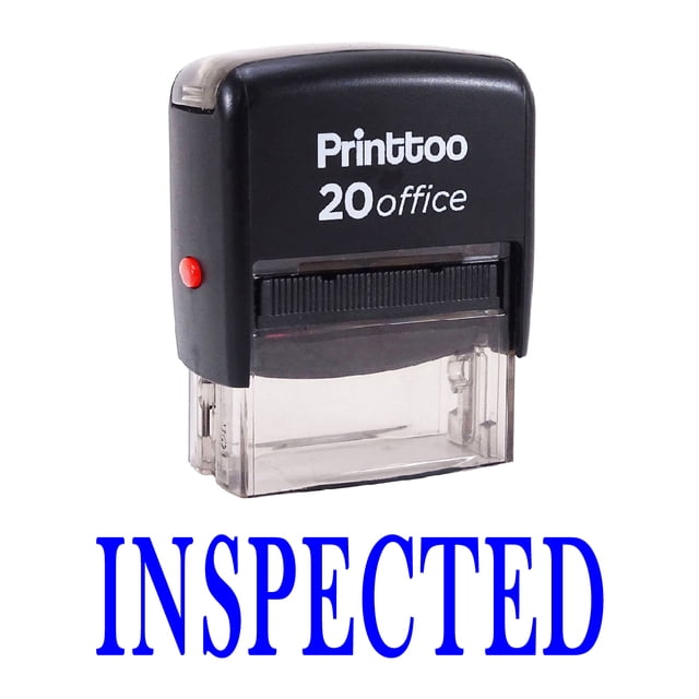 Printtoo Tampon en Caoutchouc Auto-Encre Inspecté avec un design Noir compact et une base Claire, Idéal pour un Usage de Bureau et de Papeterie. Présente le Texte « Inspecté » en Police Bleue Audacieuse. la Zone d'Impression Approximative Est de 14 mm x 38 mm, Pré-Encre pour des Milliers d'Impressions et Ré-Encreurable.