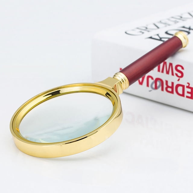 Fridja Loupe Portative 6X de 90 mm avec Cadre Plaqué Cuivre Ton Or, Poignée en Plastique à Texture Bois Rouge et Lentille en Verre Clair. Parfaite pour la Fabrication de Bijoux, la Perlage, la Lecture et les Projets d'Artisanat Détaillés.