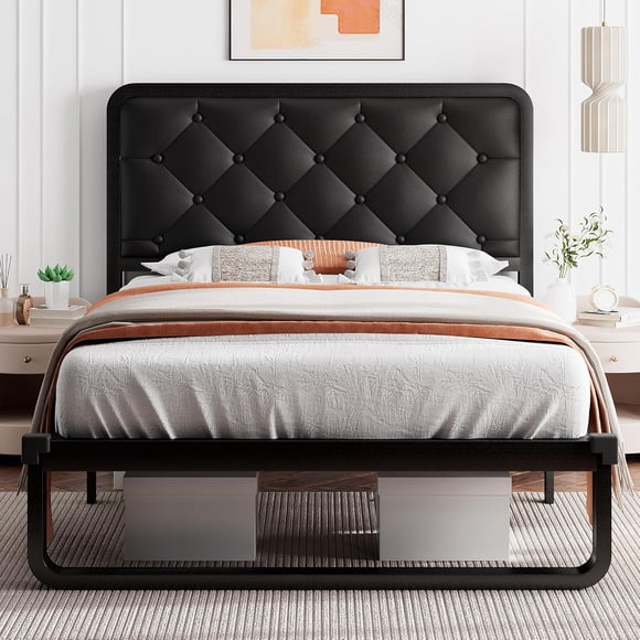 iPormis Twin Size Metal Bed Frame with Black Faux Leather Upholstered Headboard, 12'' Underbed Space, Black