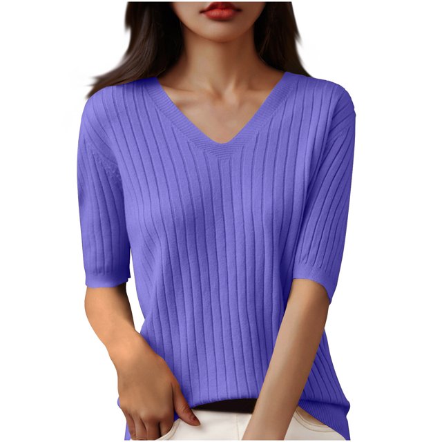 Womens Short Sleeve V Neck T Shirt 2025 Summer Ribbed Knit Slim Fit Basic Solid Color Tee Tops Fashion Clothes