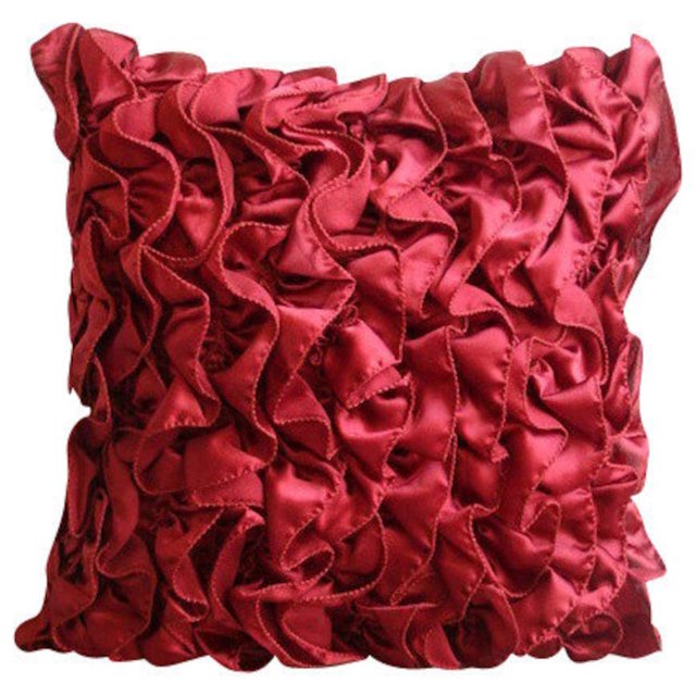 The HomeCentric Housse de Coussin de Chaise Housses de Coussin Lot de 2 22x22 Pouces (55x55 cm) Accents Rouges Style Vintage Volants Shabby Chic Housse de Coussins Décoratifs Satin Housse de Coussins Carrés Uni - Rubis Vintage