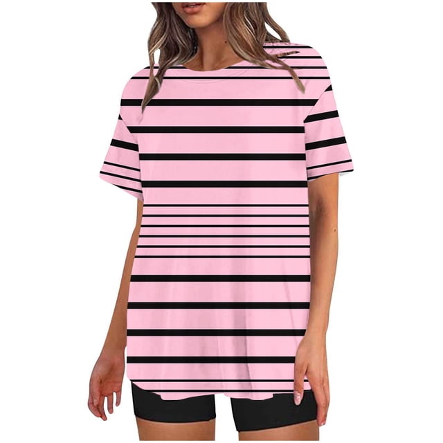 Mikilon Ensemble Élégant pour Femmes 2 Pcs Mode Décontractée Rayé Imprimé Col Rond Épaule Tombante Short Ensemble Deux Pièces Rose-A TP
