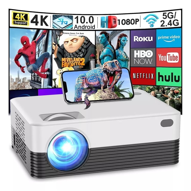 Salange 1080p Decoding & HD projector with 3500 ANSI lumens, WiFi 6, and Bluetooth connectivity. Designed for home theatre use, it features screen adaptation, auto focus, and electronic trapezoidal correction. The projector is displayed with a bright lens, a smartphone showcasing vibrant visuals, and streaming service logos like Netflix and Hulu in the background.
