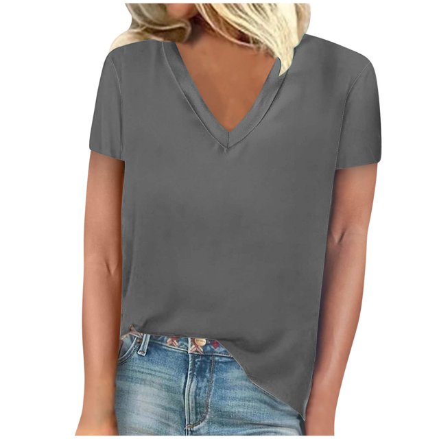 FAIWAD Womens Summer Tops Short Sleeve V Neck Pullover Shirts Loose Casual Solid Color Basic Tops
