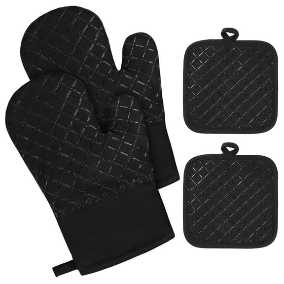 Silicone Heat Resistant Pot Holders and Oven Mitts Set, Food Grade Silicone Quilted Cotton Core Shield Hands from Burns (2 Mitts+ 2 Pot Holders)