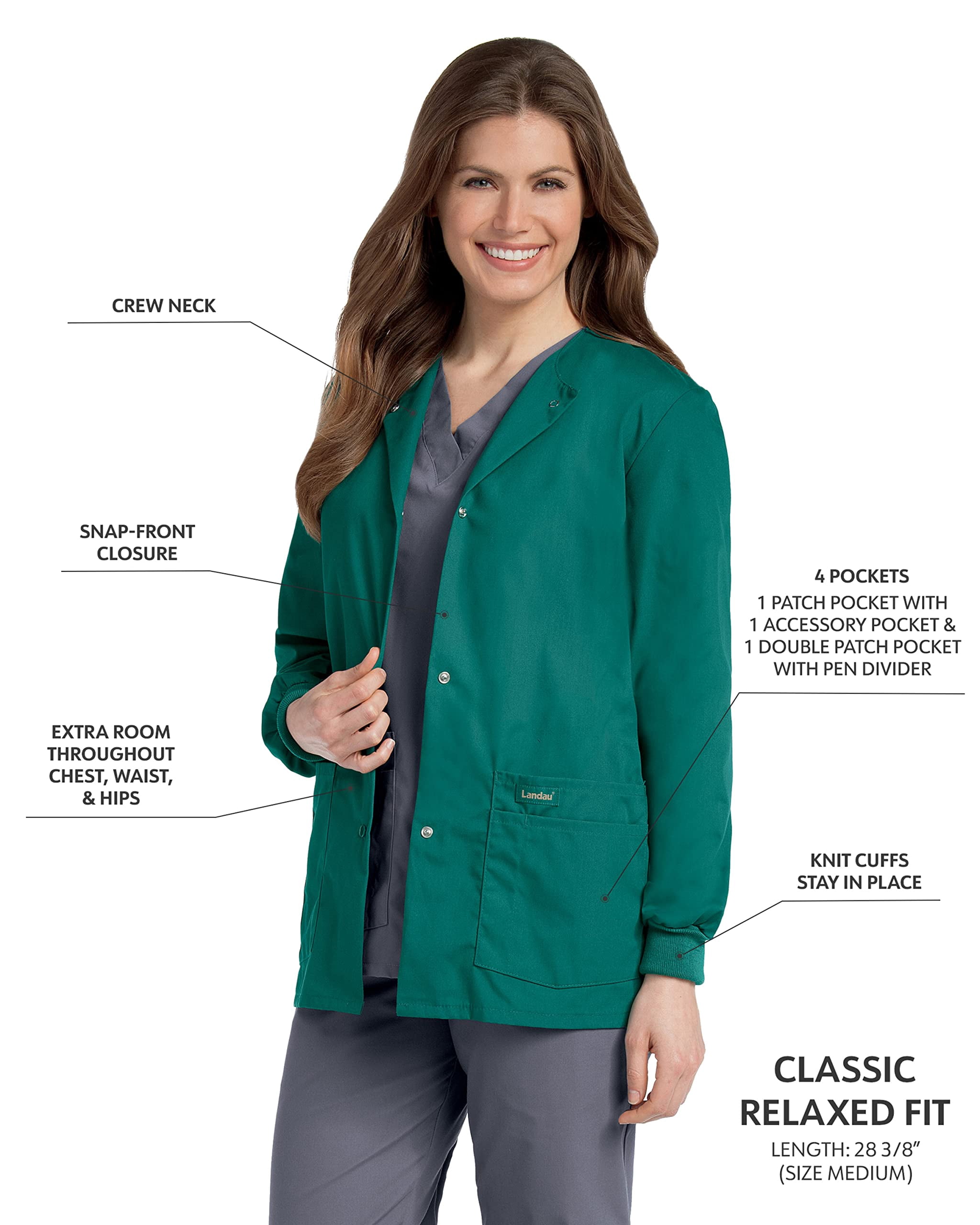 Landau Essentials Women's Classic Relaxed Fit 4 Pocket Crew Neck Scrub Jacket