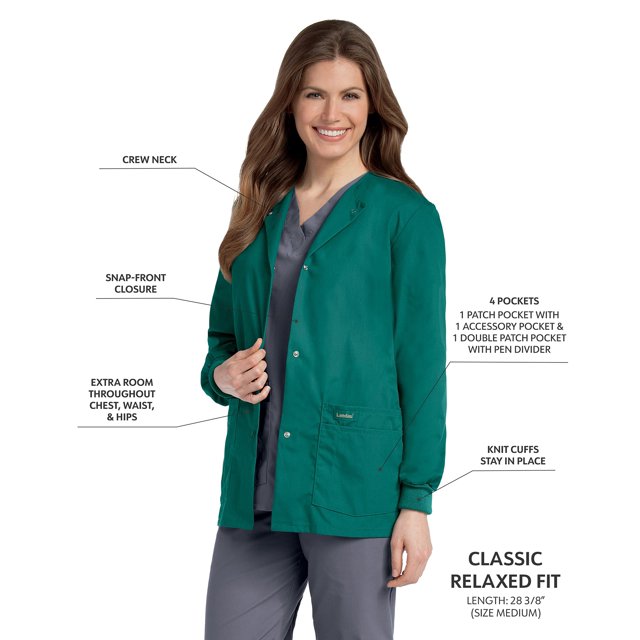 Landau Essentials Veste d'Uniforme à 4 Poches pour Femmes : Coupe Classique et Décontractée, Col Ras du Cou, devant à Boutons-Pression et Poignets en Tricot 7525