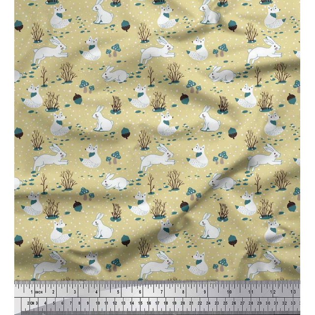 Soimoi Beige Poly Georgette Fabric Mushroom,Oaknut & Rabbit Animal Printed Craft Fabric by The Yard 42 Inch Wide