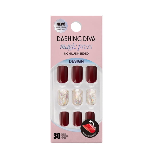 DASHING DIVA magic press burgundy medium length square press-on gel nails with iridescent mosaic accents and glossy finish, featuring super strong adhesive for no-glue application, includes 30 nails with peel and press on design suitable for easy, durable nail care.