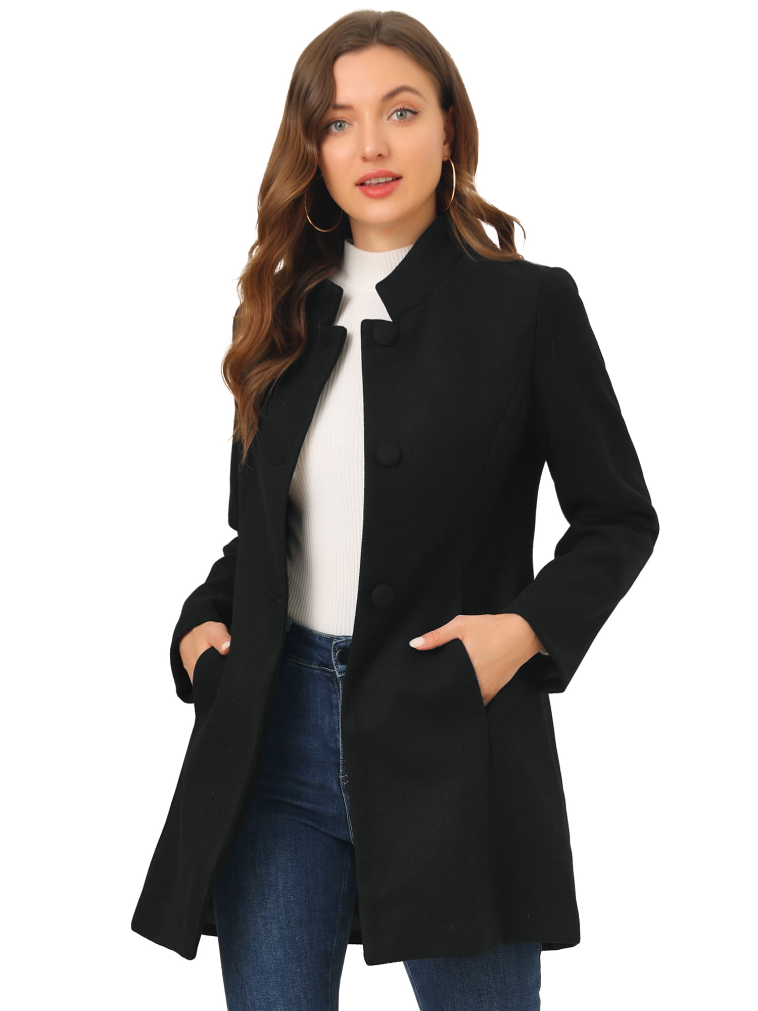 INSPIRE CHIC Women's Winter Overcoat Stand Collar Single Breasted Long Coat