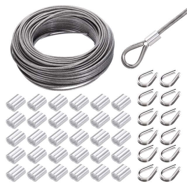 Uxcell 151FT Stainless Steel Cable Kit, 1/8" Silver 7x7 Strand Wire Rope with Loop Sleeves for Outdoor Deck Fence Wire