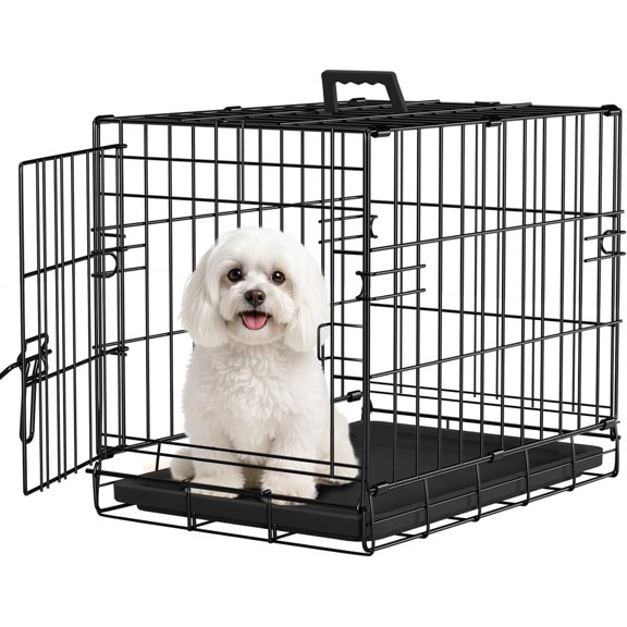 FDW Dog Crate for Small Dogs 18 Inch Folding Metal Wire Pet Cage Single Door WDivider Panel Indoor Outdoor Kennel Leak-Proof Plastic Tray, Black
