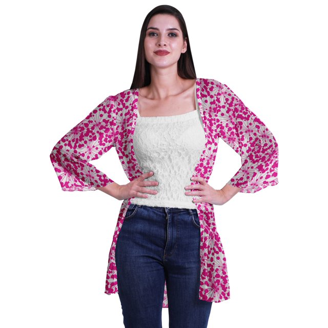 Moomaya Cardigan Court Imprimé en Georgette de Viscose à Manches Longues pour Femmes