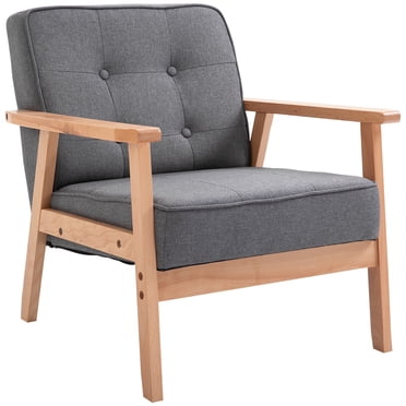 Wood Fabric Upholstered Mid-Century Modern Tufted Accent Arm Chair Grey