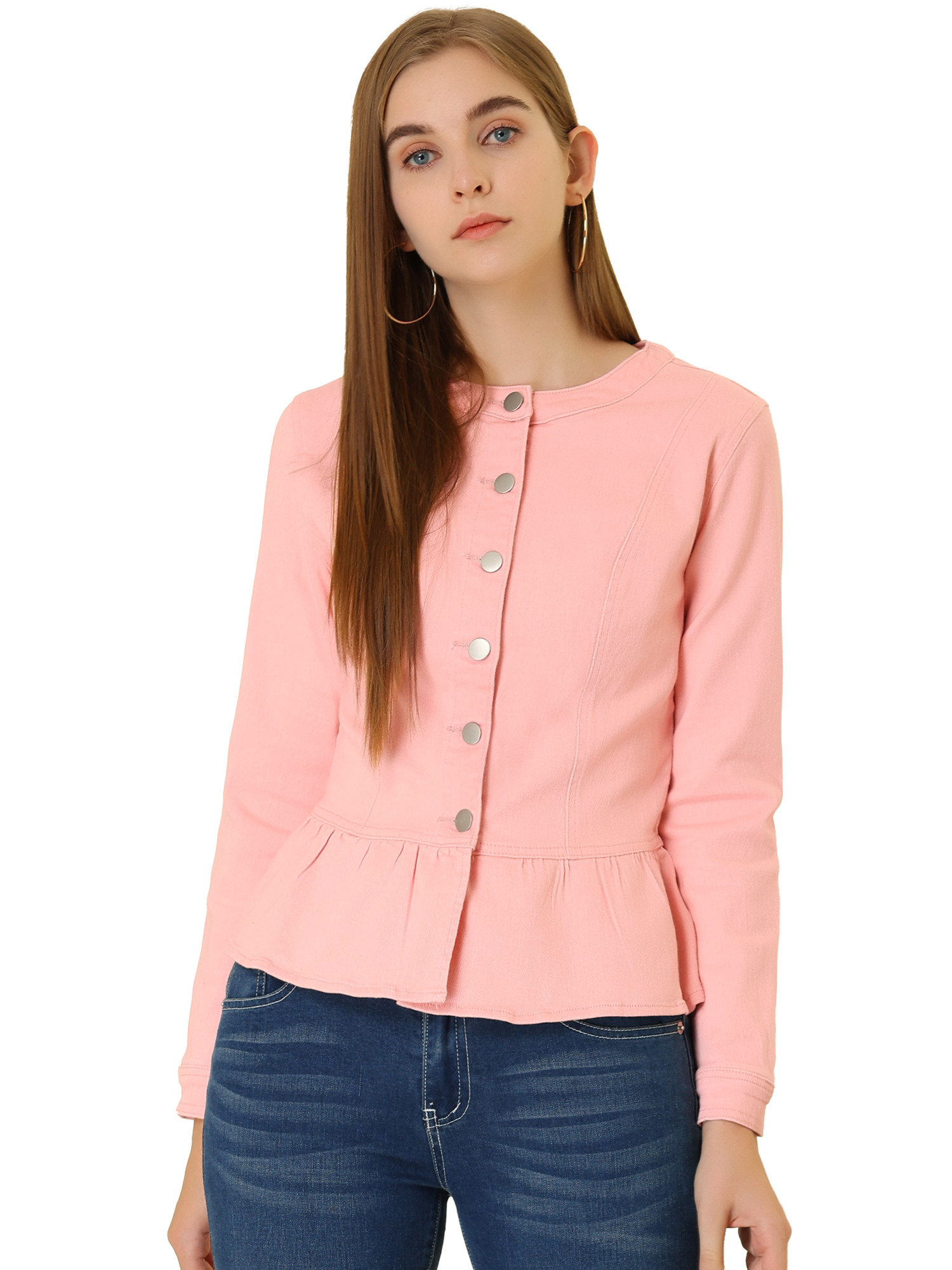 INSPIRE CHIC Veste en Denim à Basque pour Femme, Col Rond, Sans Col, Boutonnée