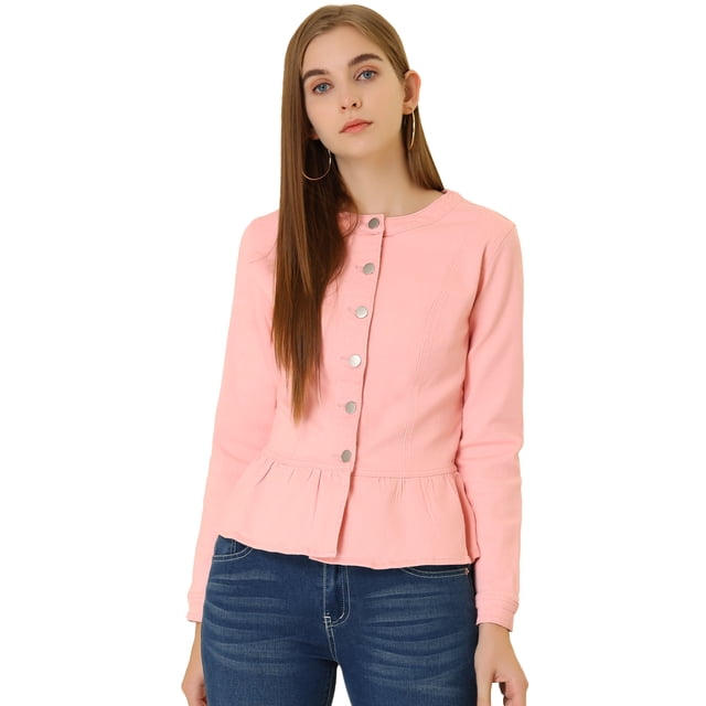 INSPIRE CHIC Women's Round Neck Collarless Button Down Peplum Denim Jacket