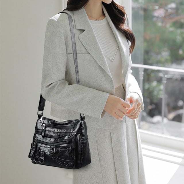 Matoen Women Soft Washed Leather Shoulder Bag Multi-Zip Spacious Large Capacity Handbag for Daily Use Travel Work Shopping Necessity