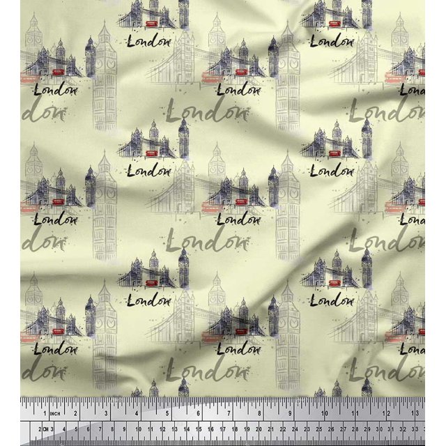 Soimoi Yellow Modal Satin Fabric London Theme Architectural Decor Fabric Printed Yard 42 Inch Wide