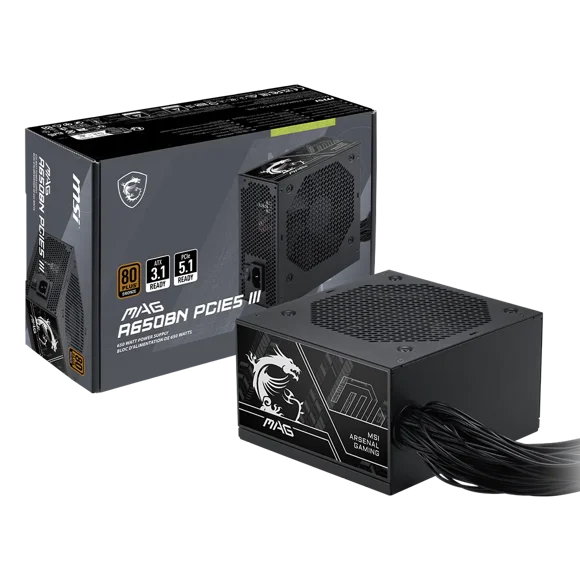 MSI MAG A650BN PCIE5 III, Non-Modular Compact Gaming 650W Power Supply, 80+ Bronze, ATX 3.1 & PCIe 5.1 Ready, Low-Noise Fan, Embossed Jacket Cables, 5 Year Warranty