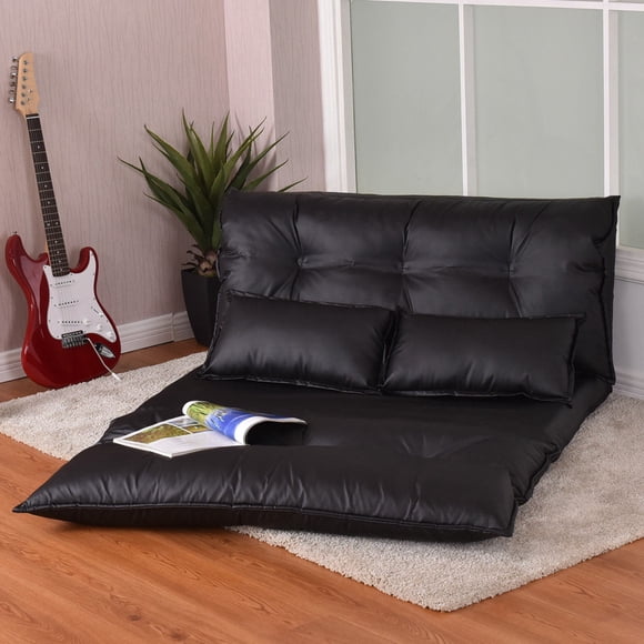 Costway PU Leather Foldable Modern Leisure Floor Sofa Bed Video Gaming 2 Pillows Black