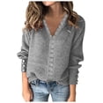 thumbnail image 1 of WUANDIXFA Ladies Pullover Sweaters Women Solid Color V Neck Lace Stitching Buttons Long Sleeves Sweater Grey,M, 1 of 5