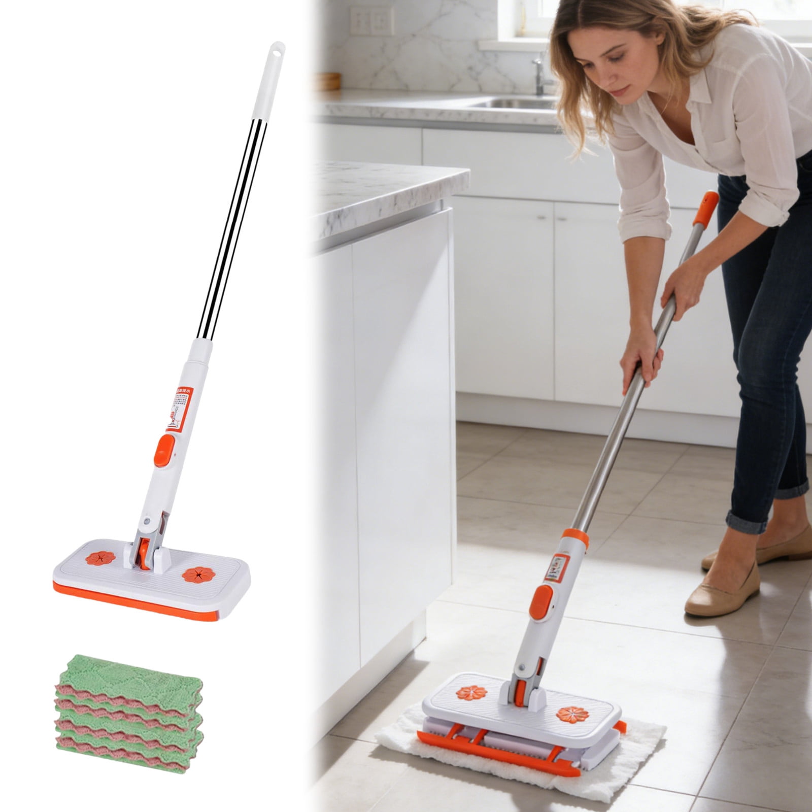 Effortless Floor & Window Cleaning Solution for Kitchen – Mini Mop with 4 Reusable Cloths Detachable Clip-On Head No Wash Design Lazy Mop Disposables Durable Polyester Construction